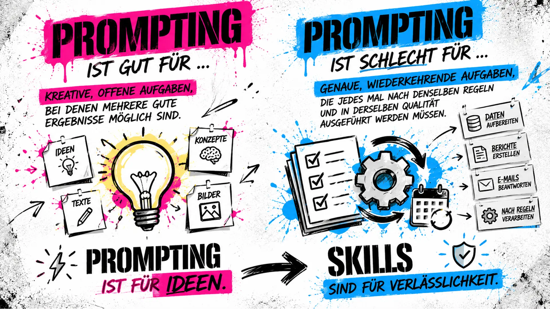 Folie: Prompting ist für Ideen, Skills sind für Verlässlichkeit
